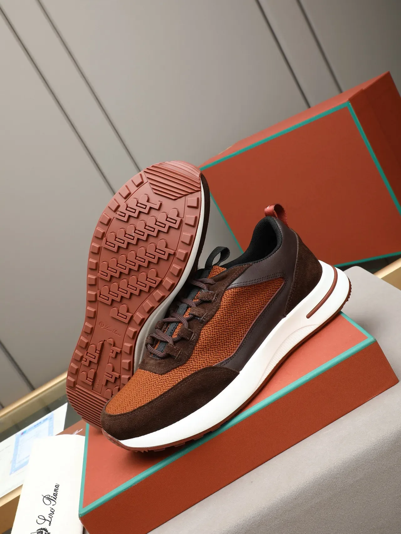 Loro Piana Brown Beige Mixed-Material Upper Knit And Suede Paneling Sneakers 4