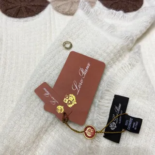 Loro Piana Embroidered Leaf Motif Scarf White Brown Motifs Fringed Hem Cashmere Scarf
