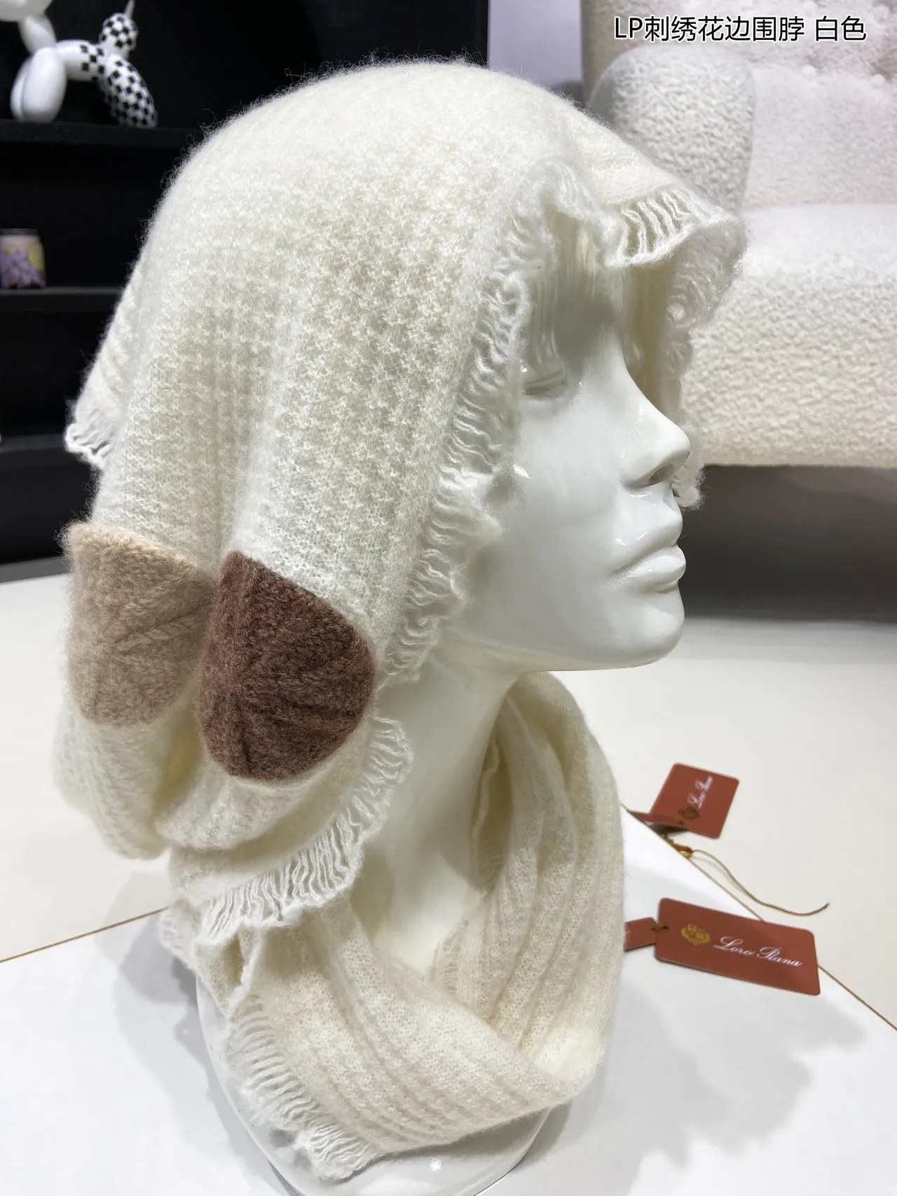 Loro Piana écharpe motif de feuille brodée motifs blancs marrons bord frangé écharpe en cachemire 9
