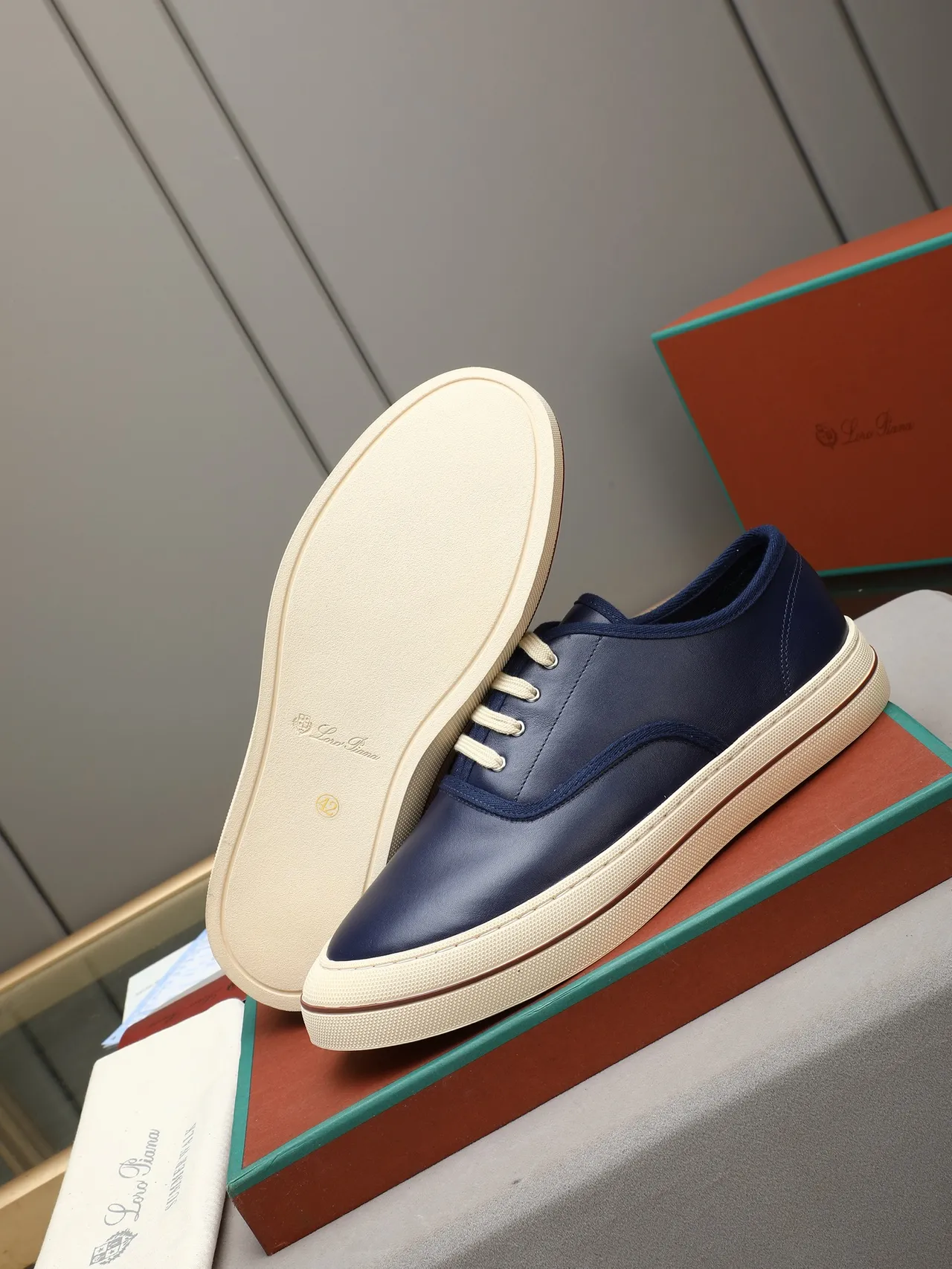 Loro Piana Navy Beige Smooth Leather Upper Contrast Cream Laces Casual Shoes 4