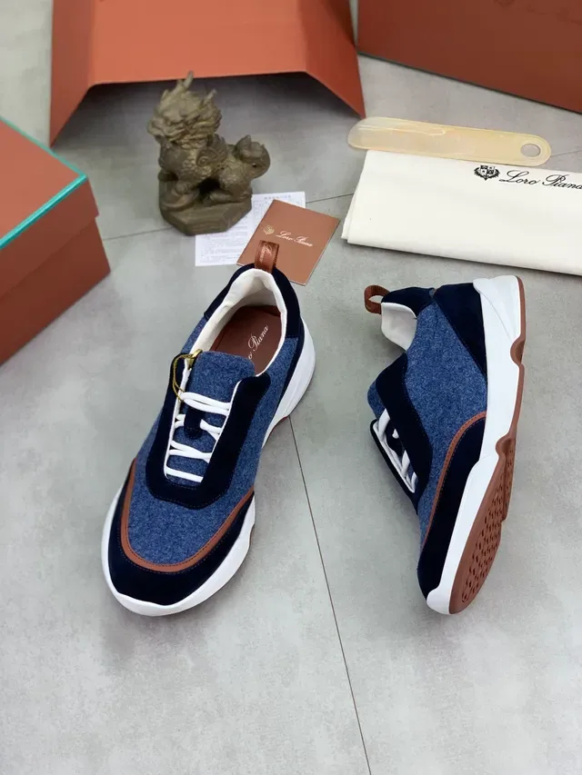 Loro Piana Navy Brown Wool-Blend Upper Suede Overlays Sneakers 6