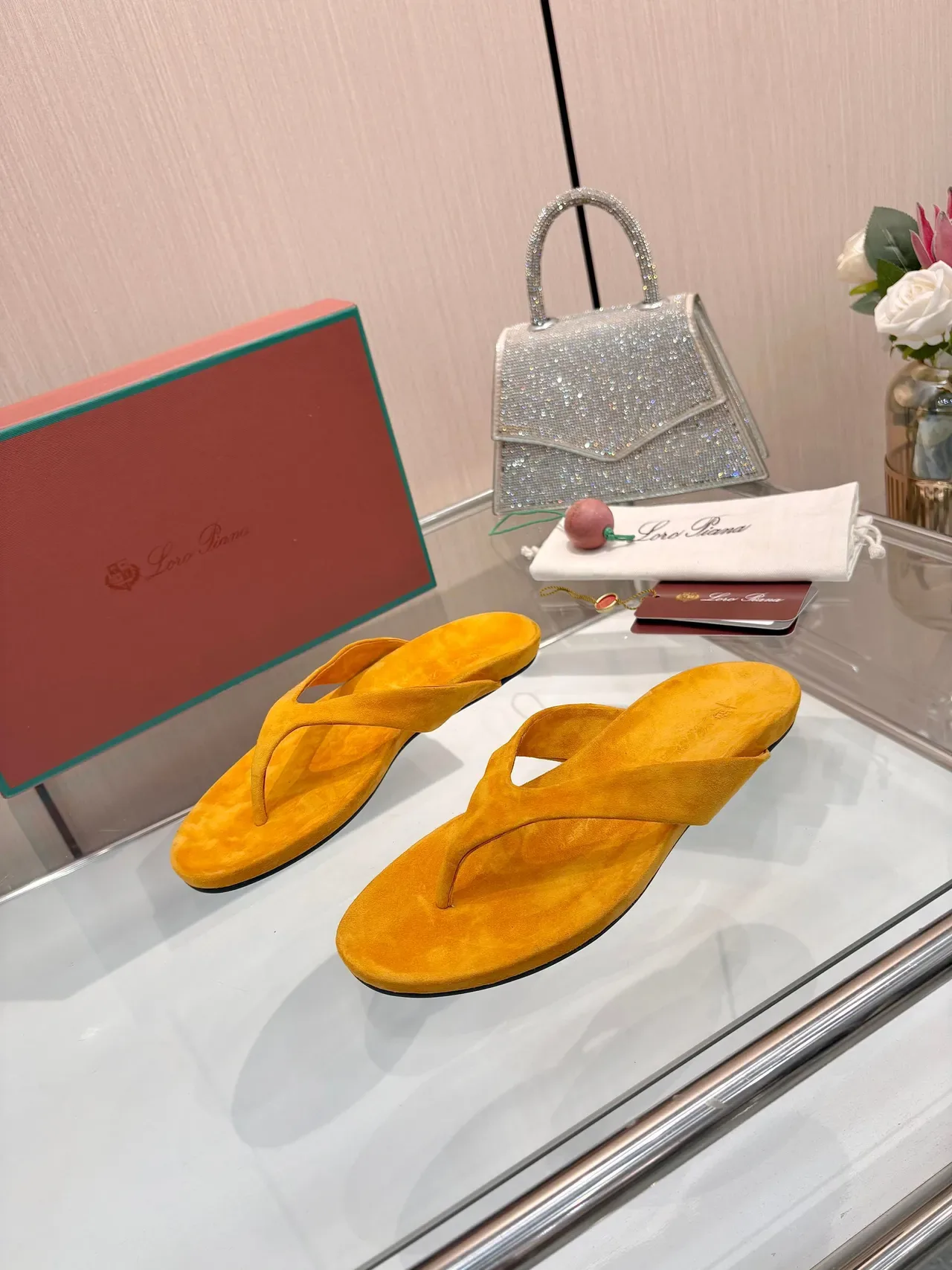 Loro Piana Orange Suede Thong Slippers 4