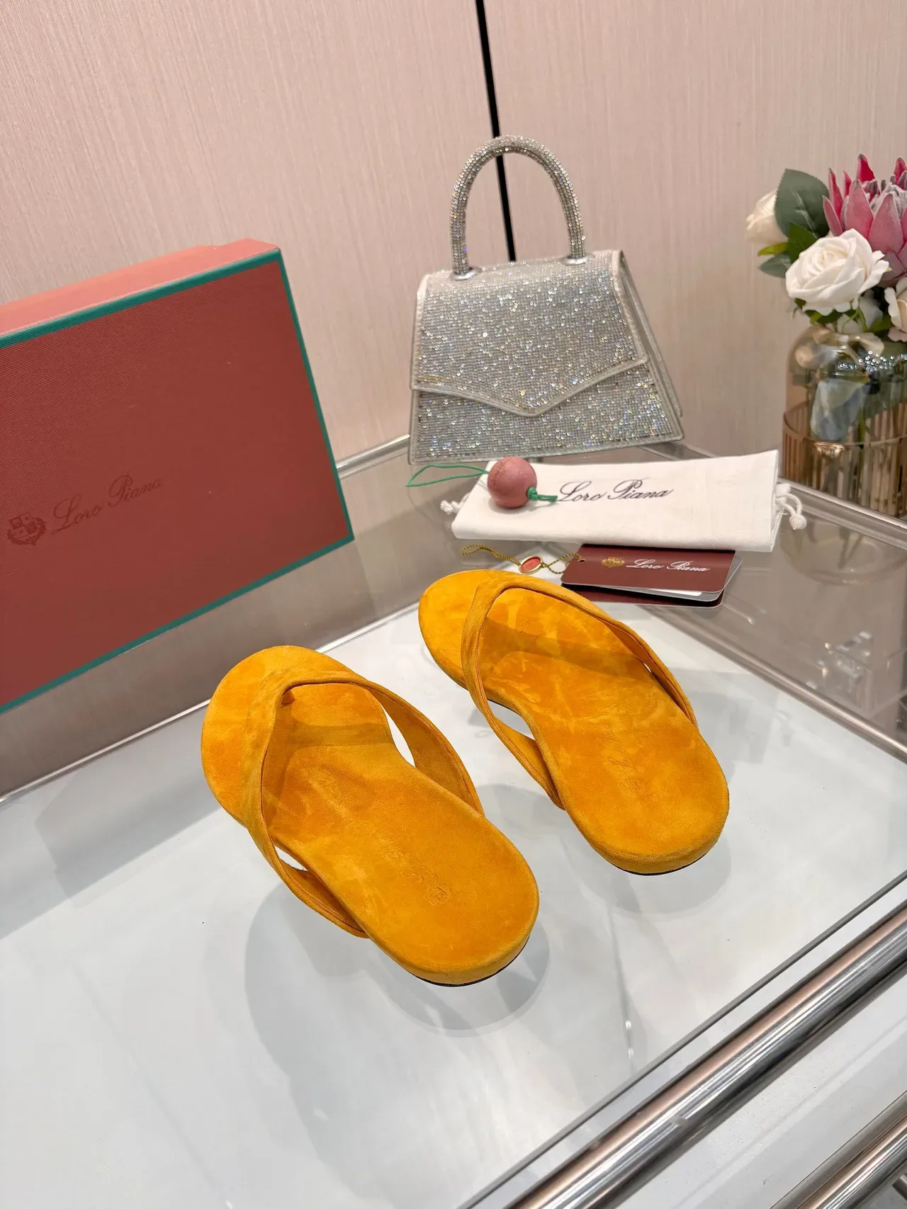 Loro Piana Orange Suede Thong Slippers 5