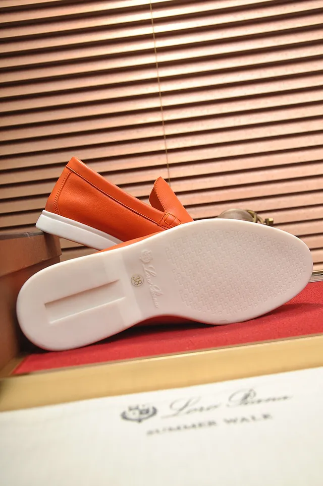 Loro Piana Summer Walk Orange Leather Loafers 4