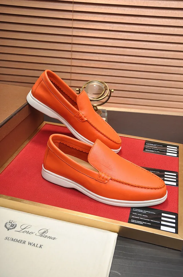 Loro Piana Summer Walk Orange Leather Loafers 5