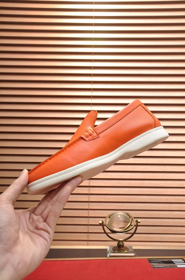 Loro Piana Summer Walk Orange Leather Loafers 6