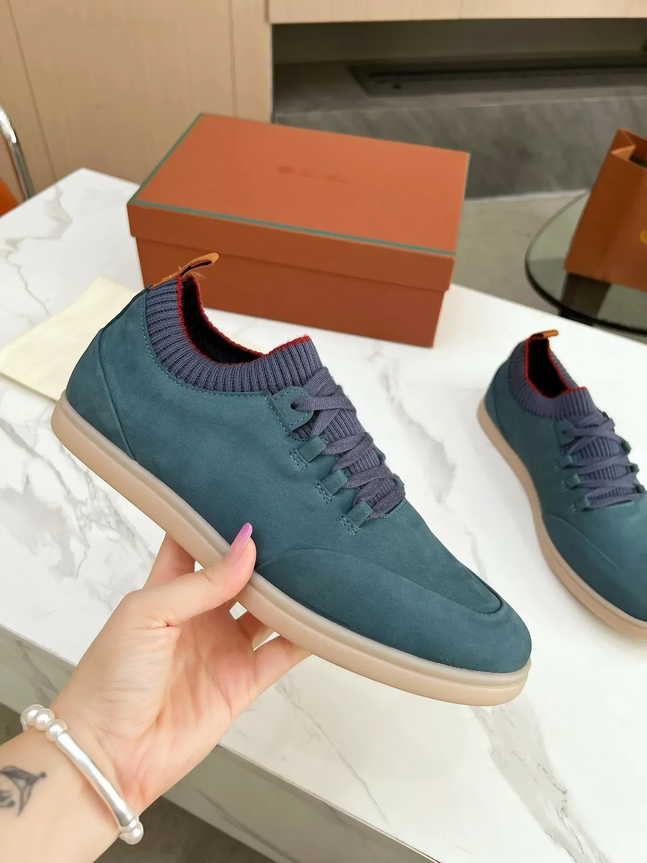 Loro Piana Chaussures lifestyle en daim color teal avec col tricoté 2