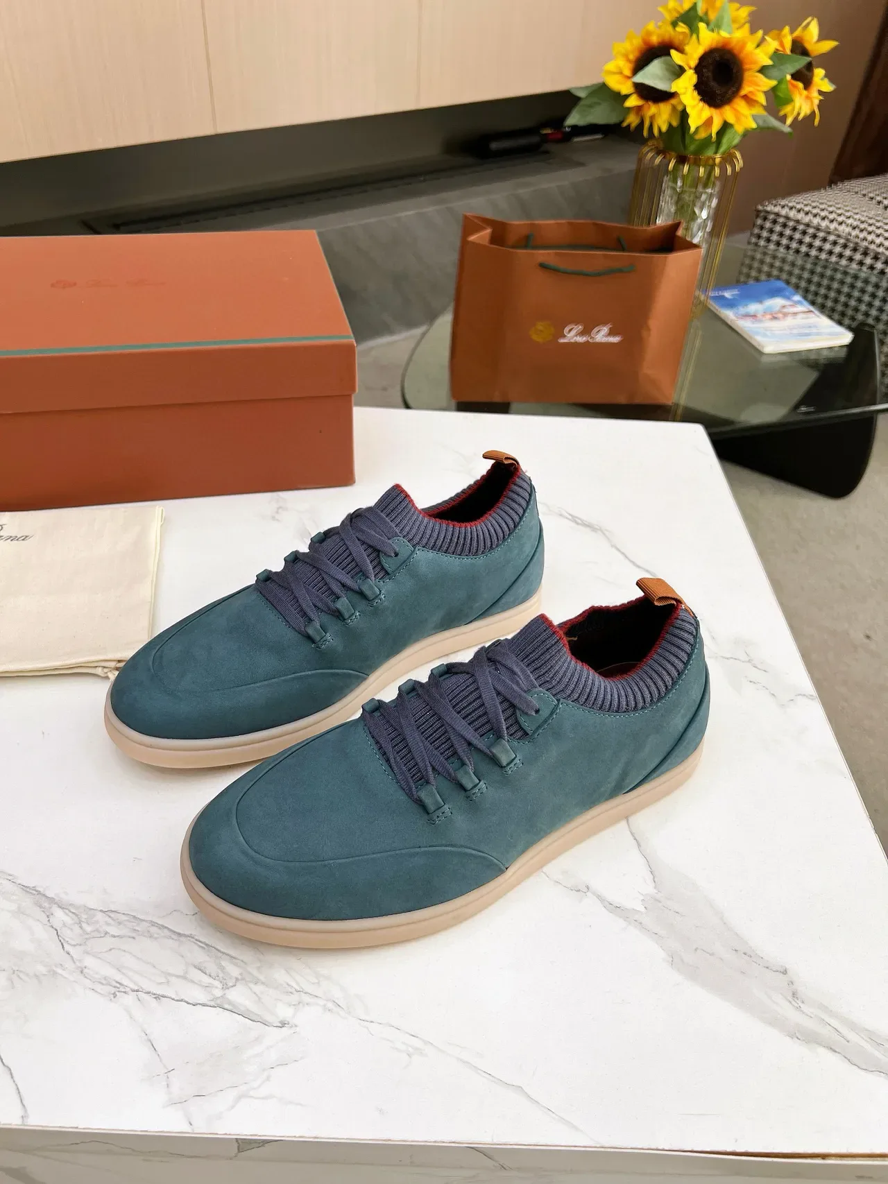 Loro Piana Chaussures lifestyle en daim color teal avec col tricoté 4