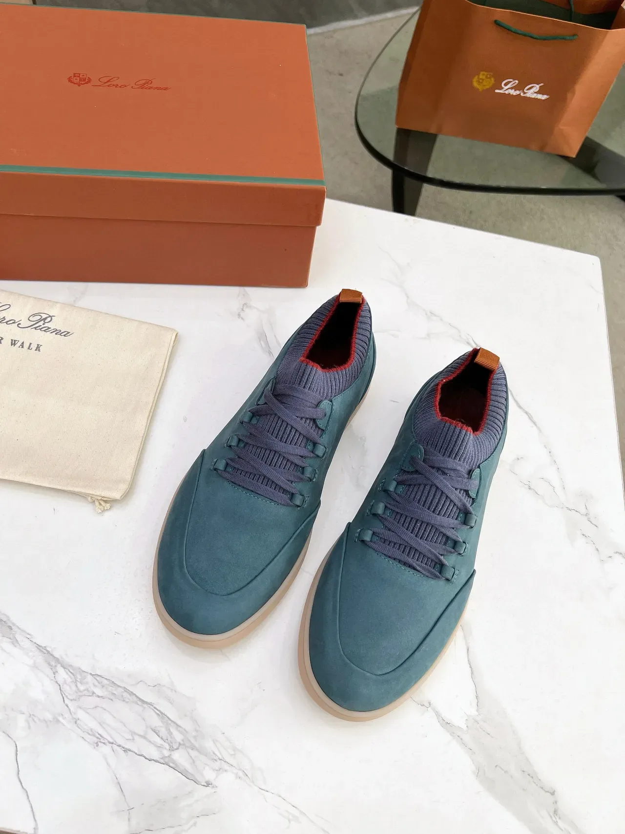 Loro Piana Chaussures lifestyle en daim color teal avec col tricoté 5