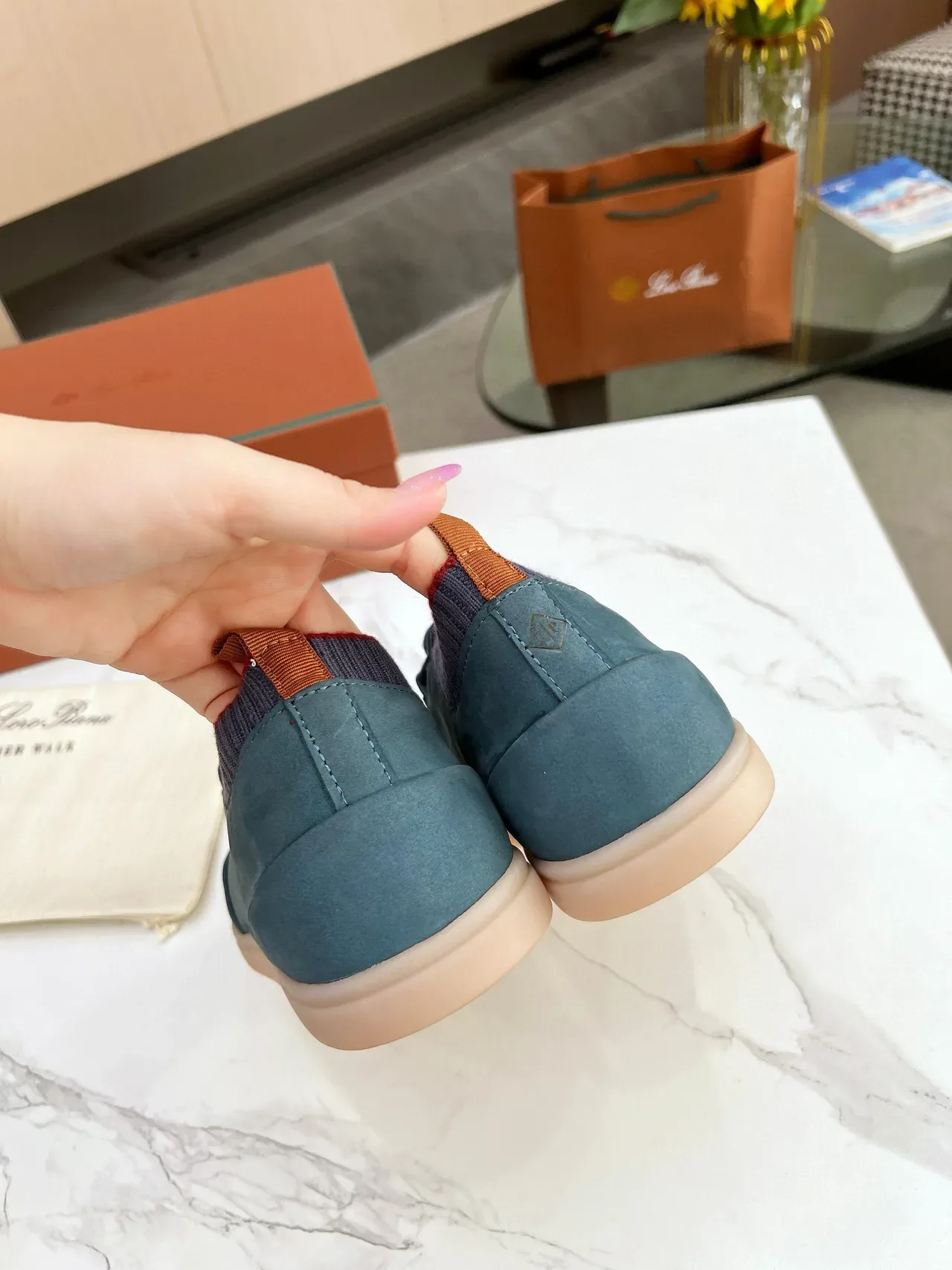 Loro Piana Chaussures lifestyle en daim color teal avec col tricoté 6