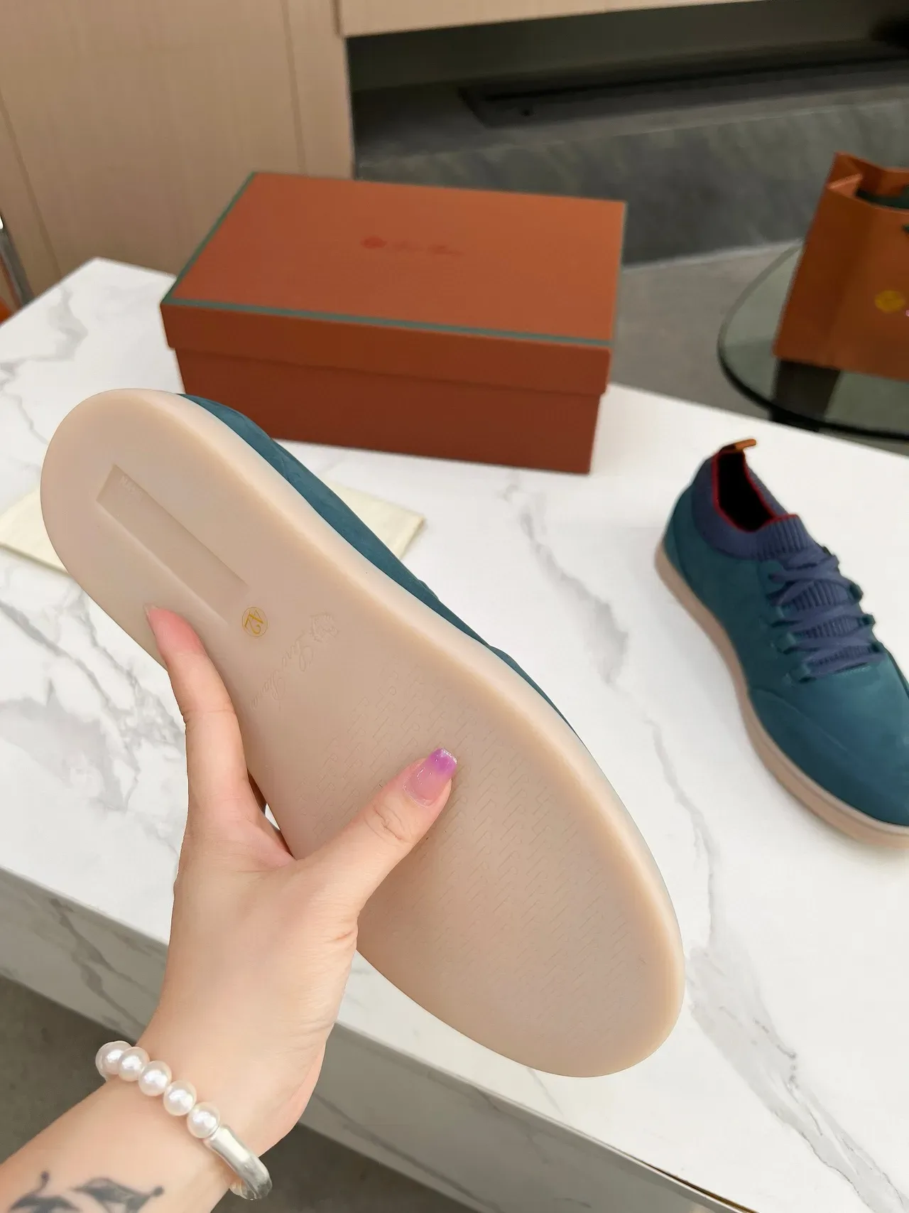 Loro Piana Chaussures lifestyle en daim color teal avec col tricoté 7