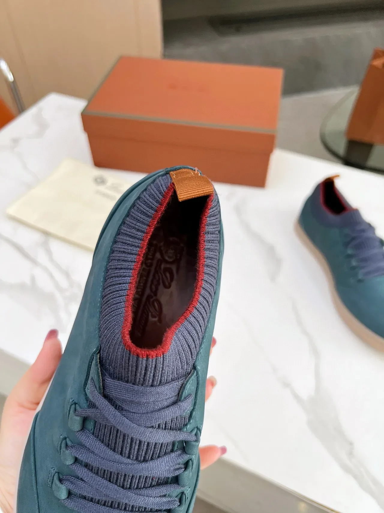 Loro Piana Chaussures lifestyle en daim color teal avec col tricoté 8