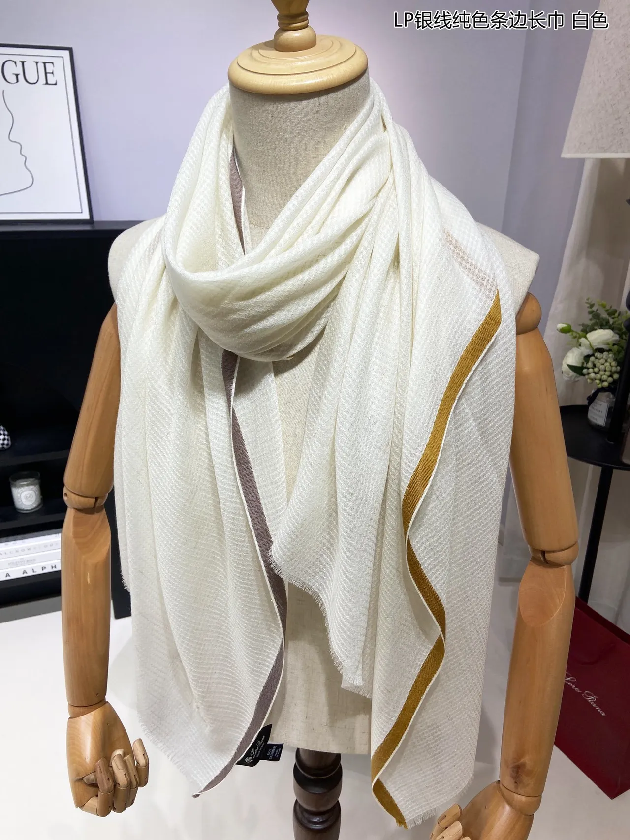 Loro Piana Branco Marrom Tecido Bordado Logo Cashmere Cachecol 5