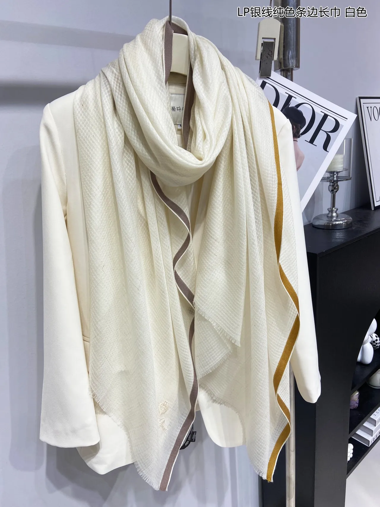 Loro Piana Branco Marrom Tecido Bordado Logo Cashmere Cachecol 6