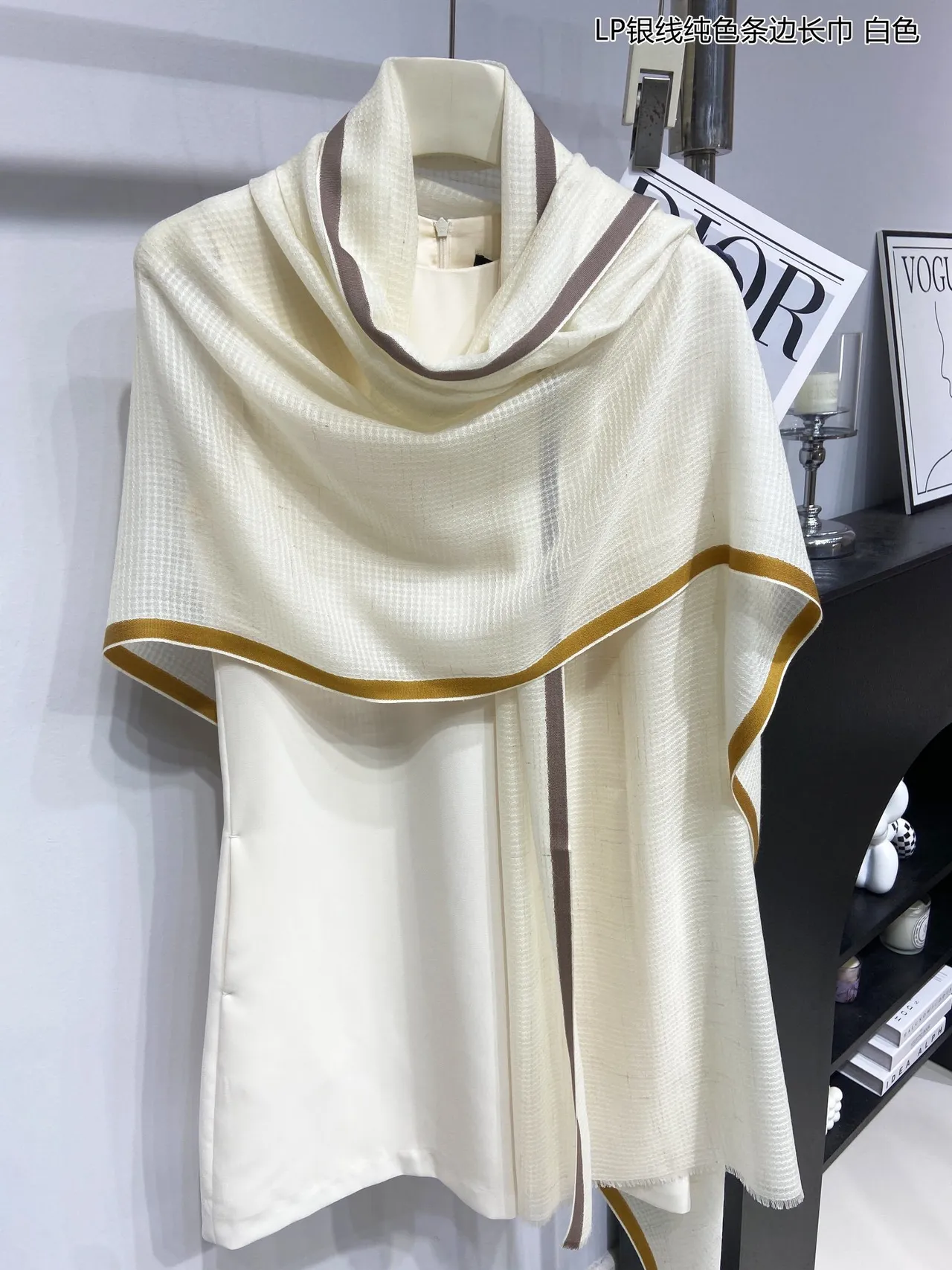 Loro Piana Branco Marrom Tecido Bordado Logo Cashmere Cachecol 7