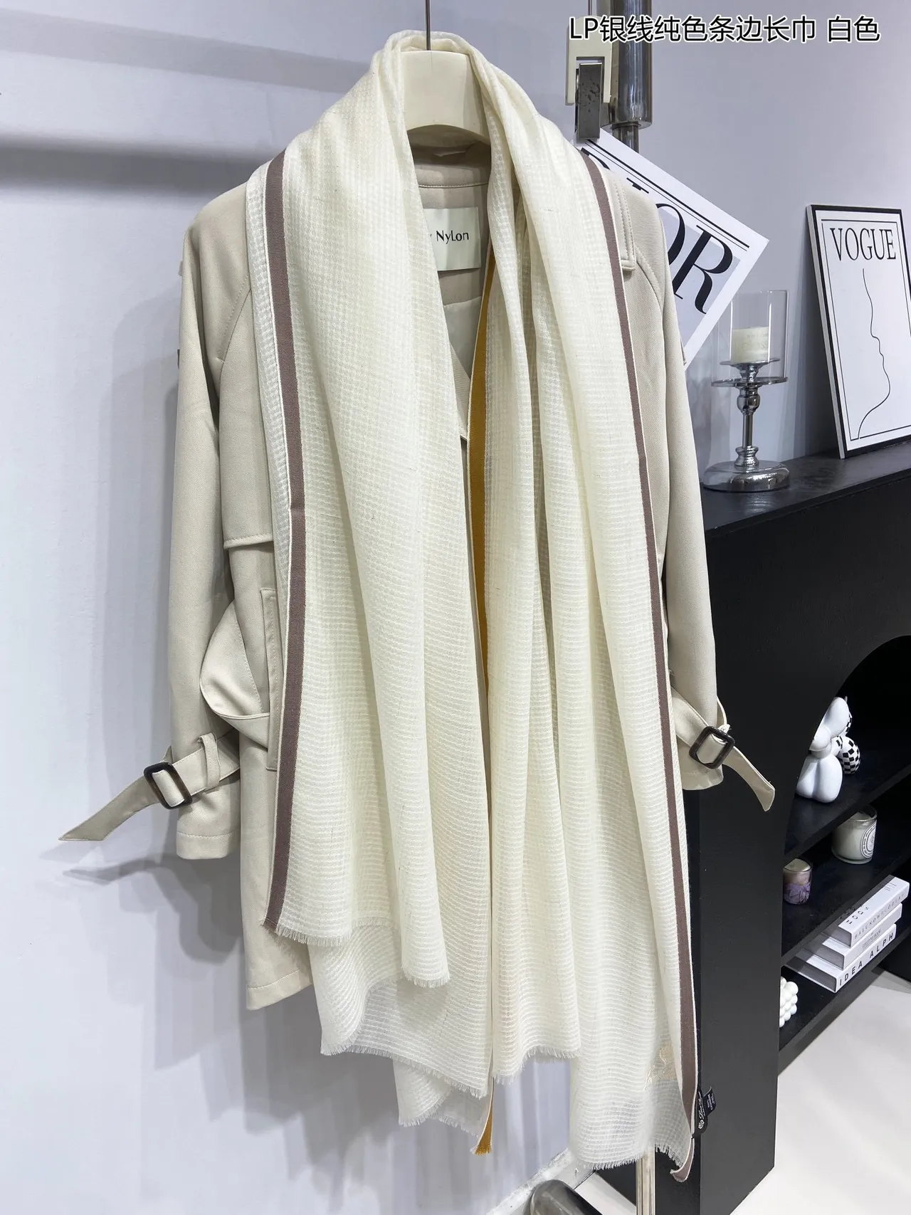 Loro Piana Branco Marrom Tecido Bordado Logo Cashmere Cachecol 8