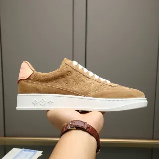 Louis Vuitton Beige White Embossed Monogram Suede Pale Pink Heel Tab Lifestyle Sneakers