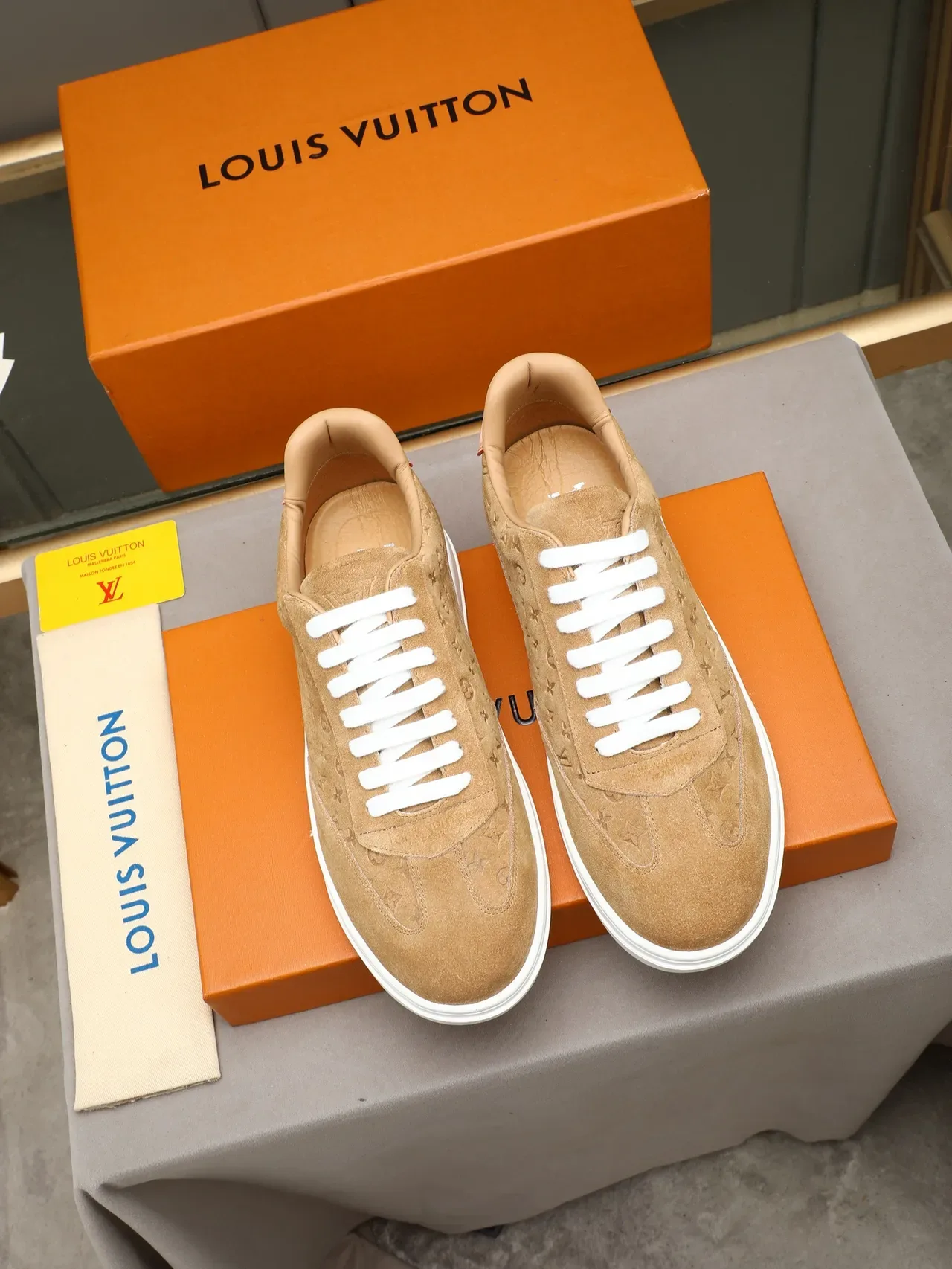 Louis Vuitton Beige White Embossed Monogram Suede Pale Pink Heel Tab Lifestyle Sneakers 2