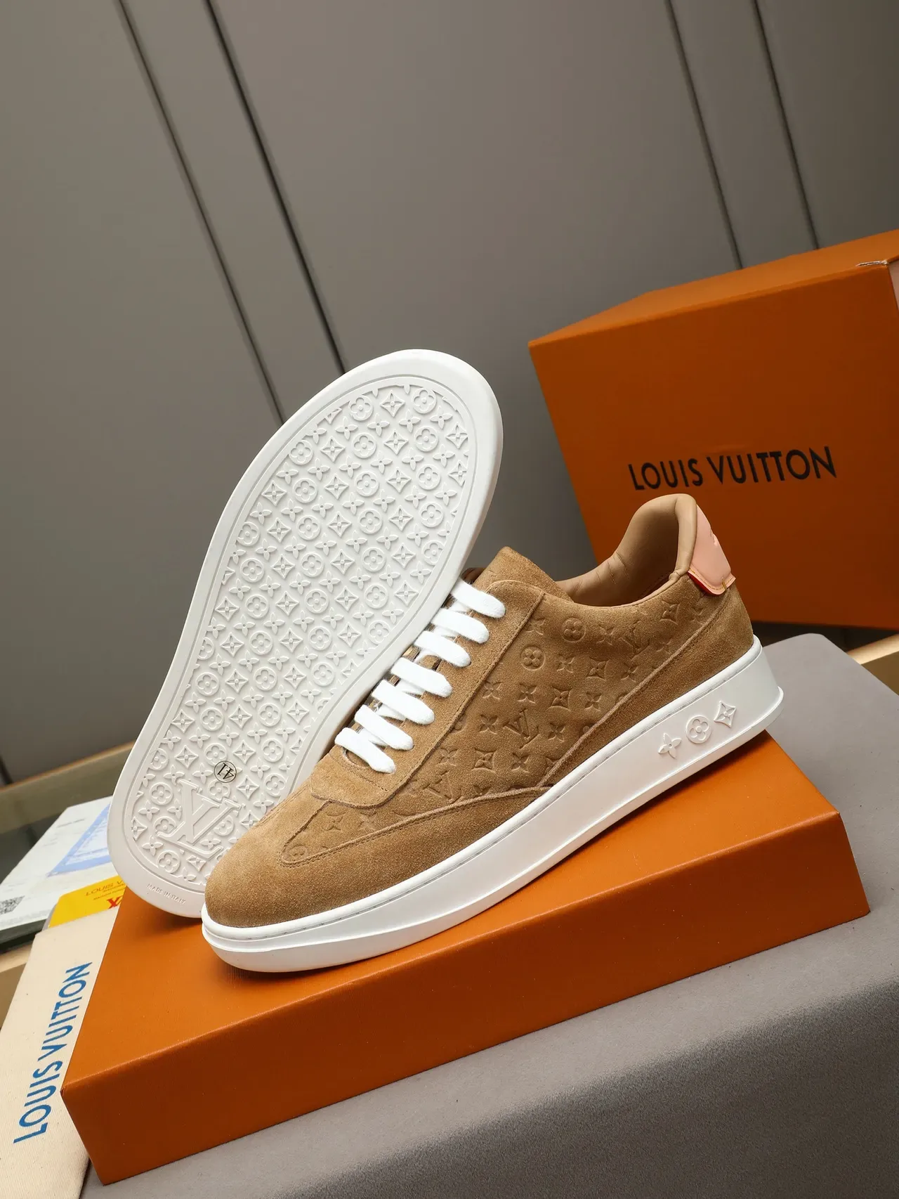 Louis Vuitton Beige White Embossed Monogram Suede Pale Pink Heel Tab Lifestyle Sneakers 4
