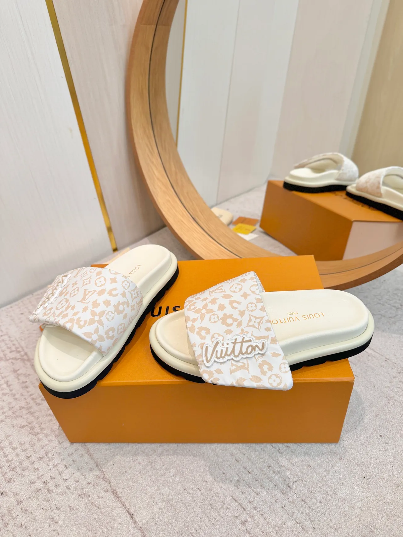 Louis Vuitton Beige White Monogram-Print Strap Raised Logo Patch Slippers 3