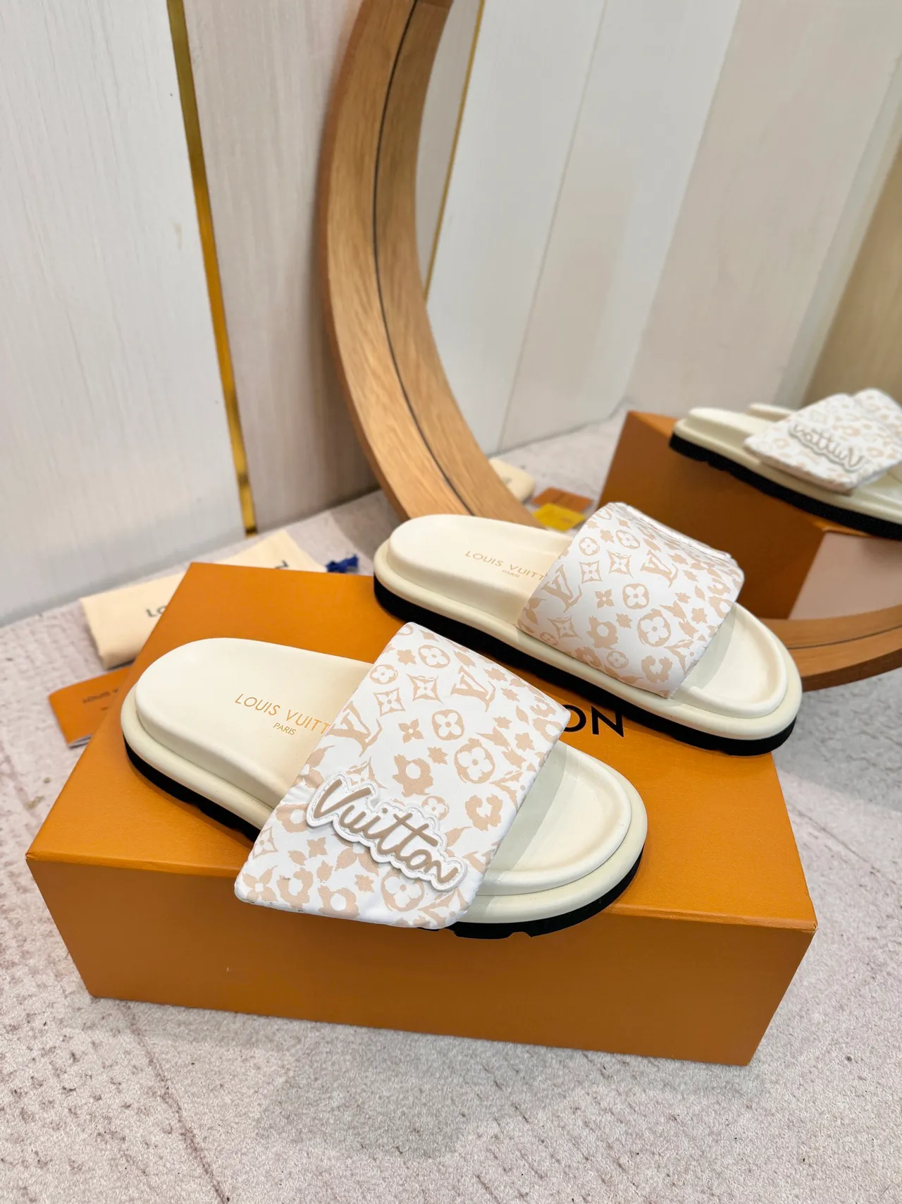 Louis Vuitton Beige White Monogram-Print Strap Raised Logo Patch Slippers 4