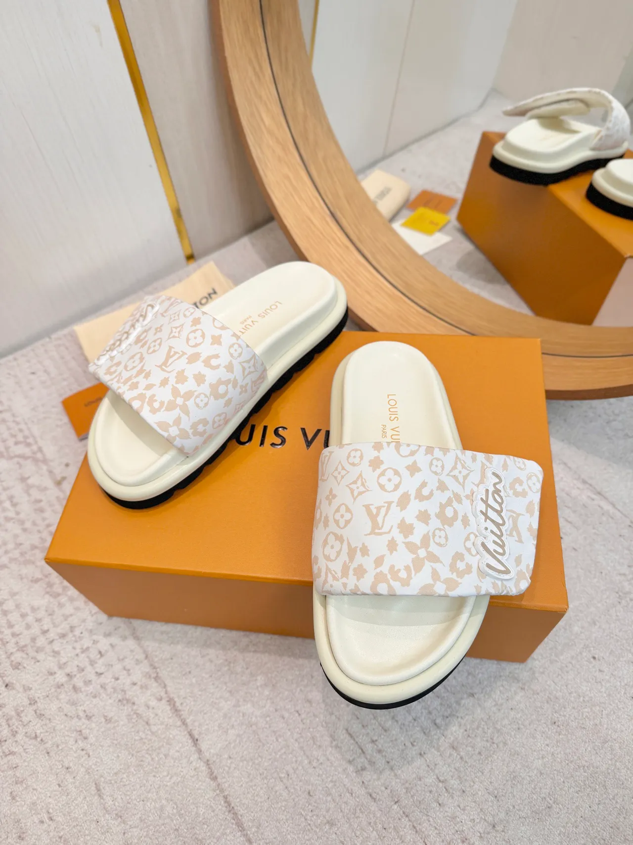 Louis Vuitton Beige White Monogram-Print Strap Raised Logo Patch Slippers 5