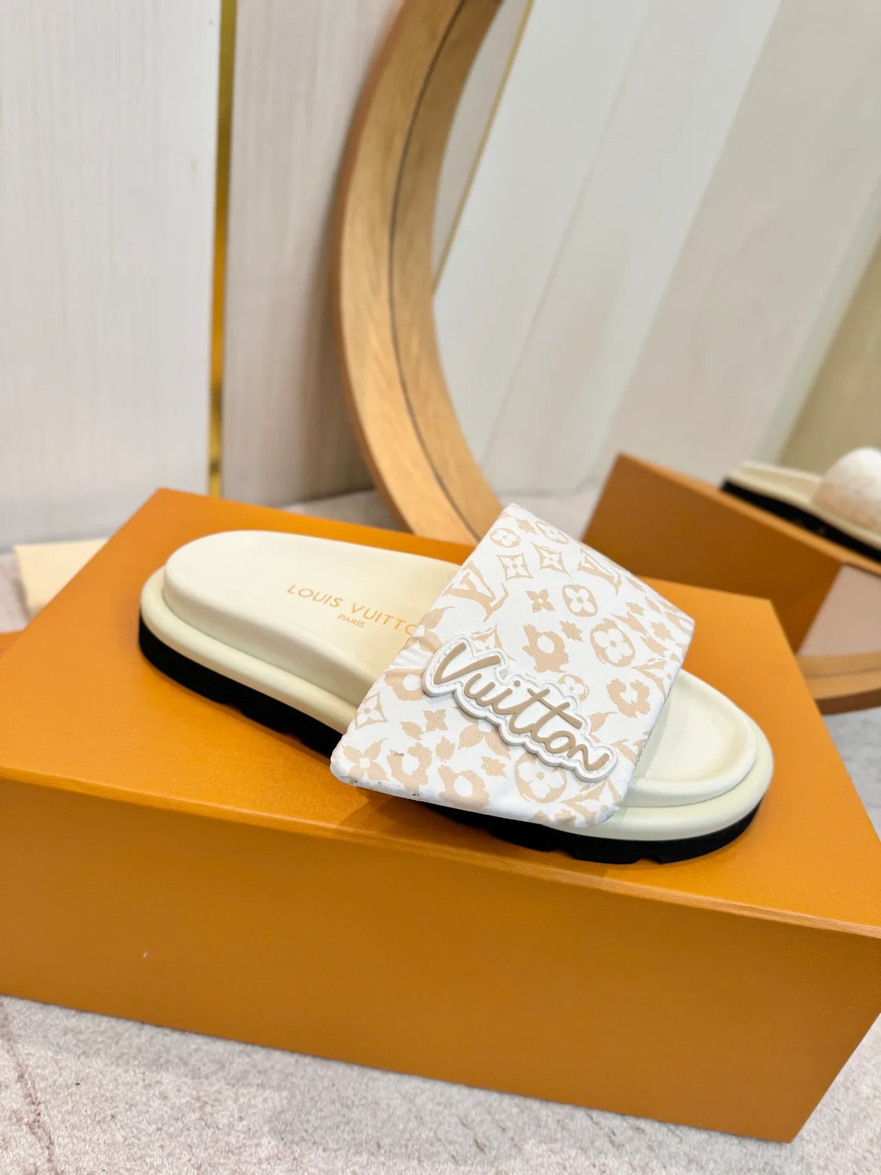 Louis Vuitton Beige White Monogram-Print Strap Raised Logo Patch Slippers 6