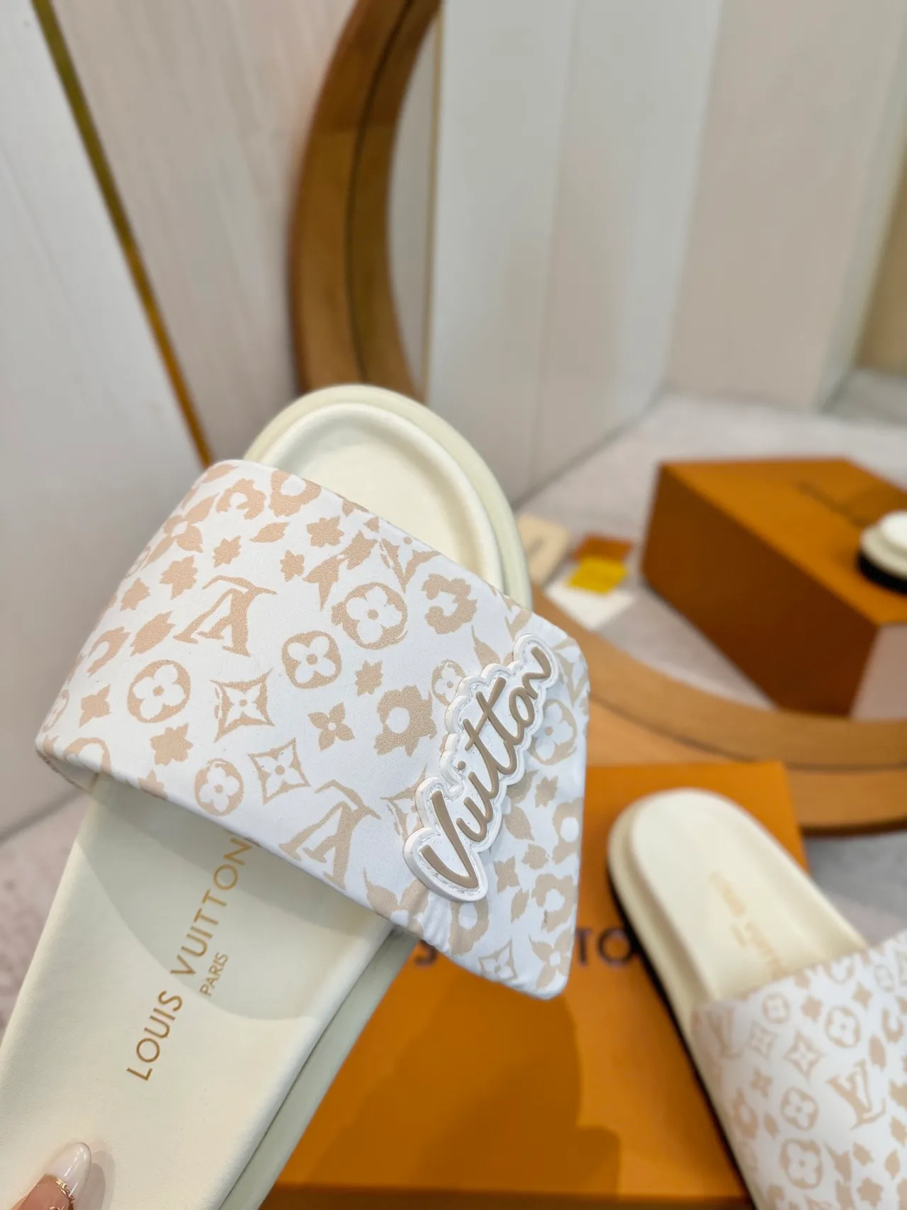 Louis Vuitton Beige White Monogram-Print Strap Raised Logo Patch Slippers 7
