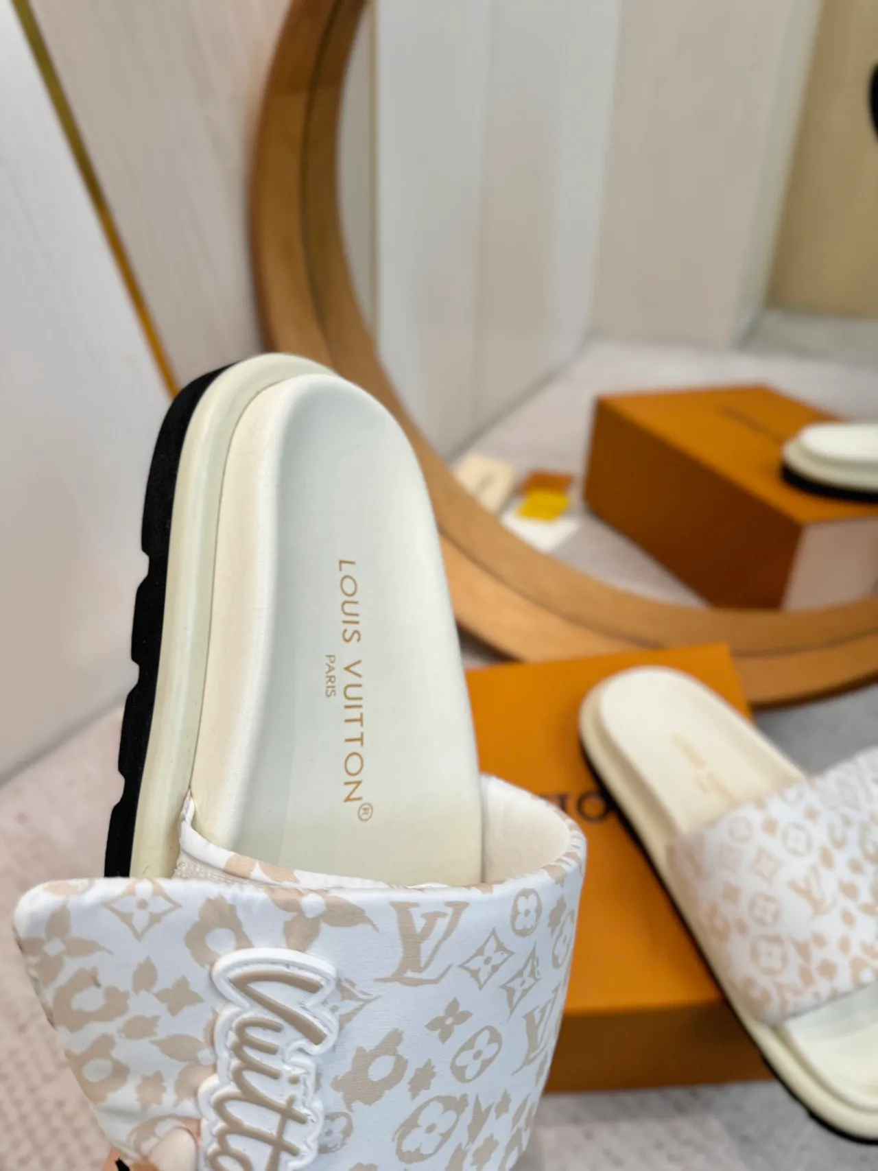 Louis Vuitton Beige White Monogram-Print Strap Raised Logo Patch Slippers 8