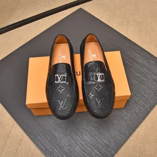 Louis Vuitton 黑色米色印花镂空皮革金属LV扣带乐福鞋