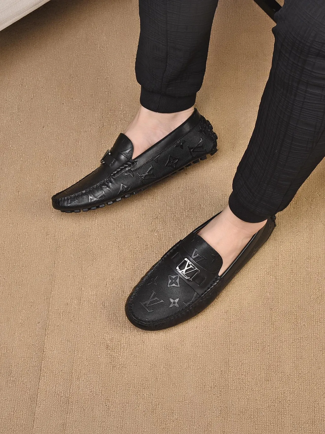 Louis Vuitton Black Beige Monogram-Perforated Leather Metal LV Buckle Strap Loafer 2