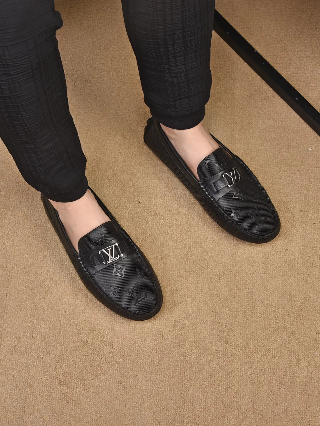 Louis Vuitton Black Beige Monogram-Perforated Leather Metal LV Buckle Strap Loafer 3