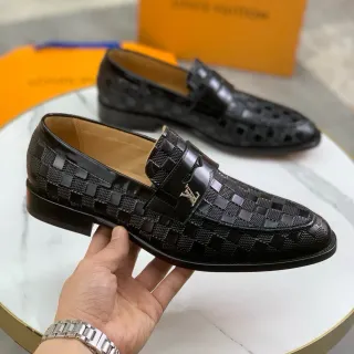 Louis Vuitton 黑色 米色 编织 花押 皮革 专利抛光纹理 乐福鞋