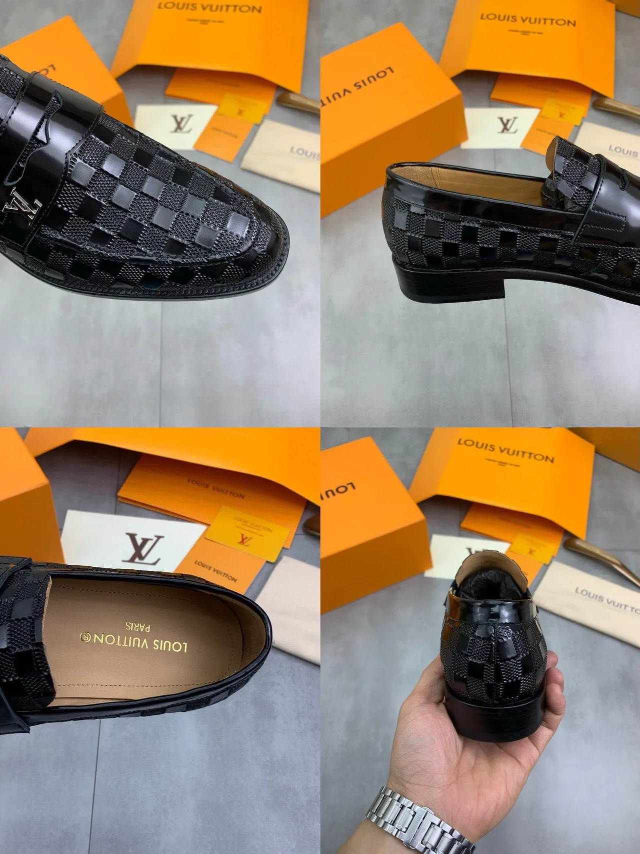 Louis Vuitton Noir Beige Tissé Monogramme Cuir Finition Patent Textura Moccasin 2