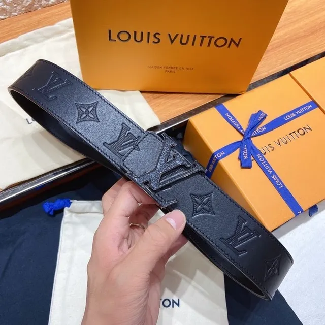 Louis Vuitton Black Blue Embossed Monogram Oversized Metallic Buckle Leather Belt 3