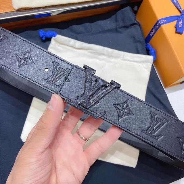 Louis Vuitton Black Blue Embossed Monogram Oversized Metallic Buckle Leather Belt 4