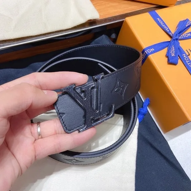 Louis Vuitton Black Blue Embossed Monogram Oversized Metallic Buckle Leather Belt 9