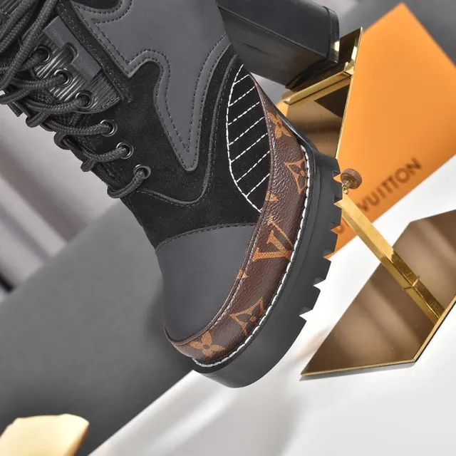 Louis Vuitton Black Brown Chunky Platform Mixed-Material Upper Ankle Boots 2