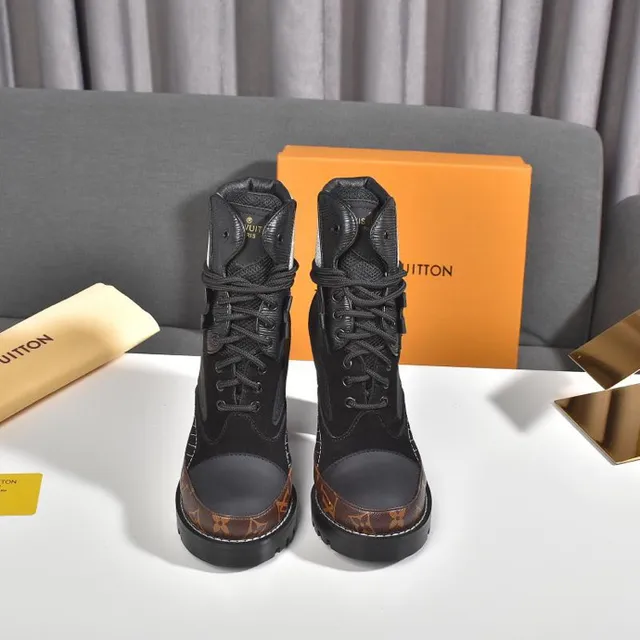 Louis Vuitton Black Brown Chunky Platform Mixed-Material Upper Ankle Boots 6