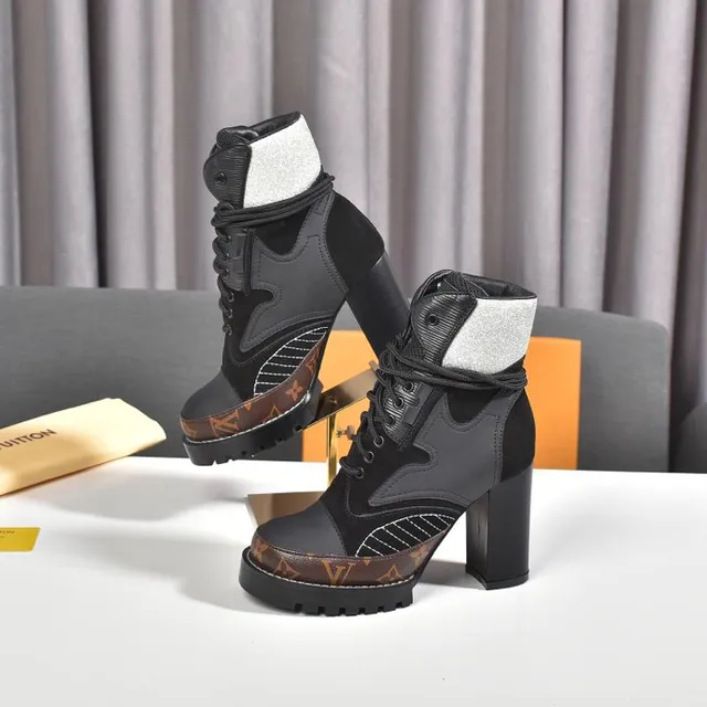 Louis Vuitton Black Brown Chunky Platform Mixed-Material Upper Ankle Boots 8