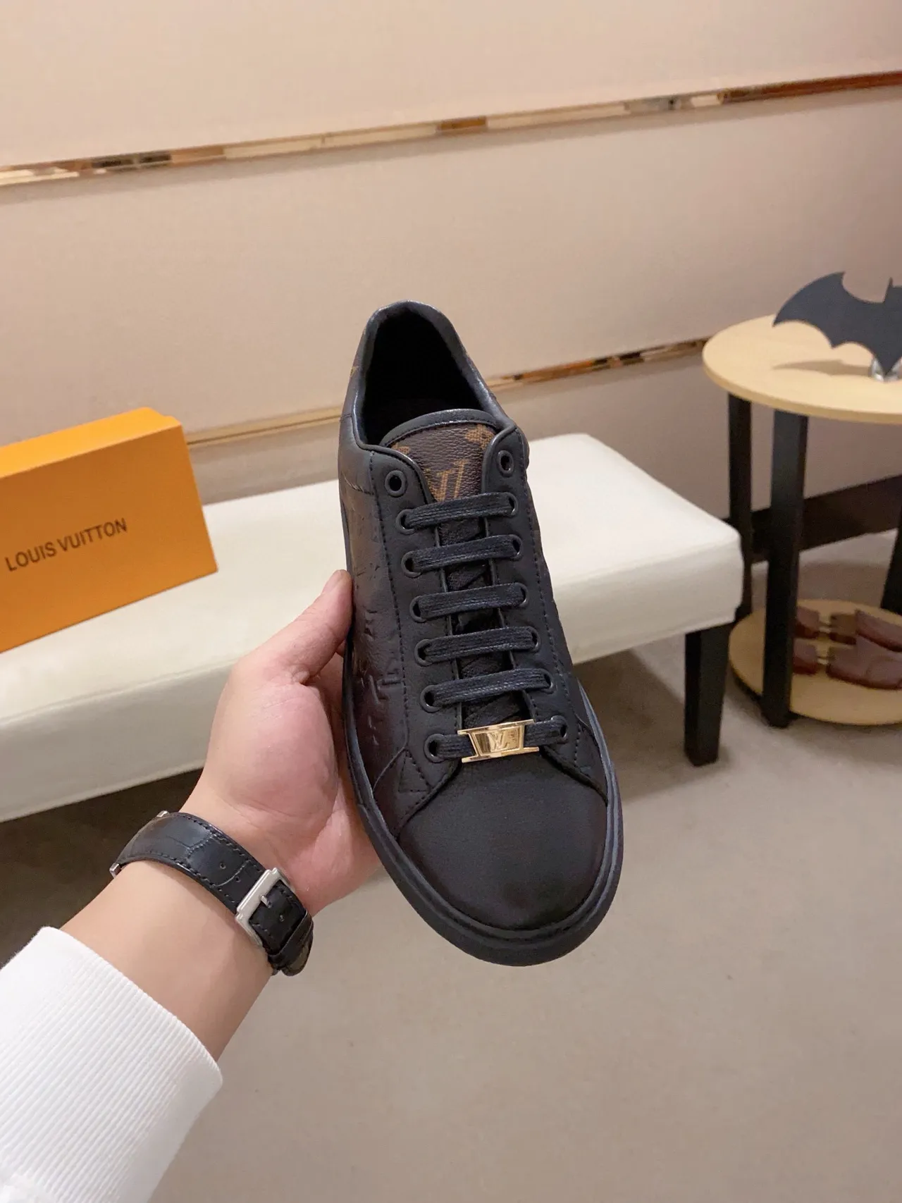 Louis Vuitton Black Gold Embossed Monogram Leather Low-Top Silhouette Lifestyle Sneakers 2