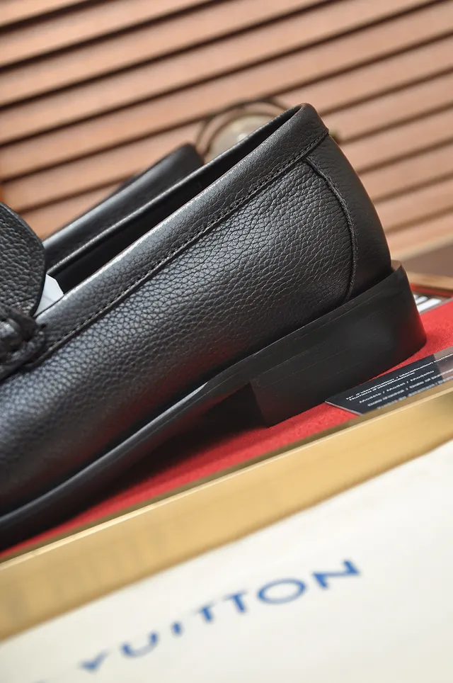 Louis Vuitton Black Gold Pebbled Leather Metal LV Logo Hardware Loafer 2