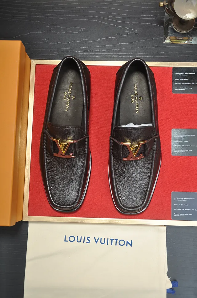 Louis Vuitton Black Gold Pebbled Leather Metal LV Logo Hardware Loafer 5