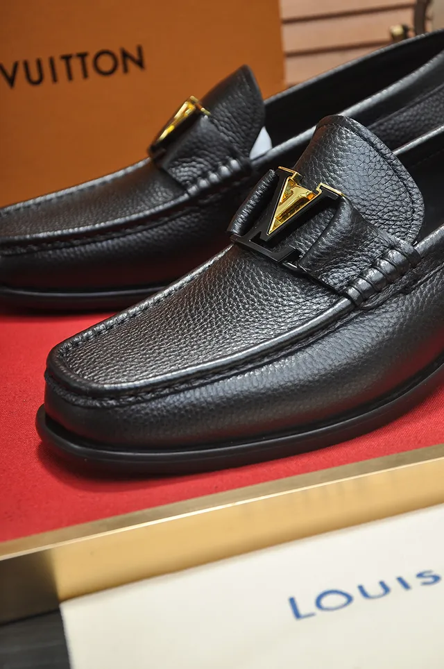 Louis Vuitton Black Gold Pebbled Leather Triangular Buckle Loafer 2