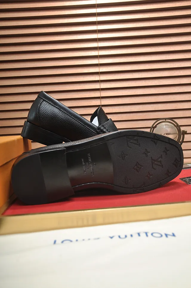 Louis Vuitton Black Gold Pebbled Leather Triangular Buckle Loafer 3