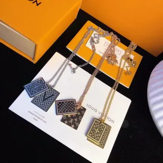 Louis Vuitton Black Gold Square Pendant Monogram Motif Necklace
