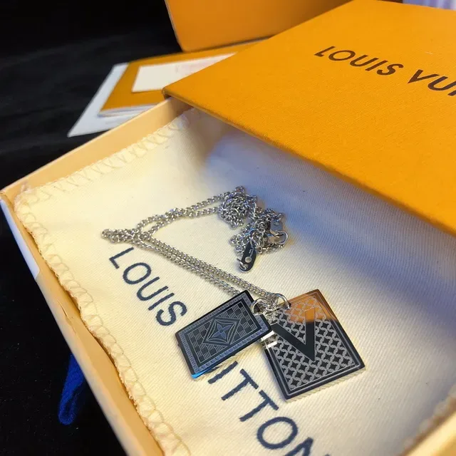 Louis Vuitton Black Gold Square Pendant Monogram Motif Necklace 4