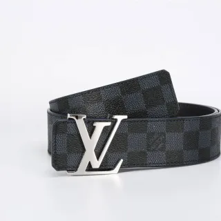 Louis Vuitton Black Gray Damier Graphite Check Pattern Polished Silver-Tone LV Monogram Buckle Leather Belt