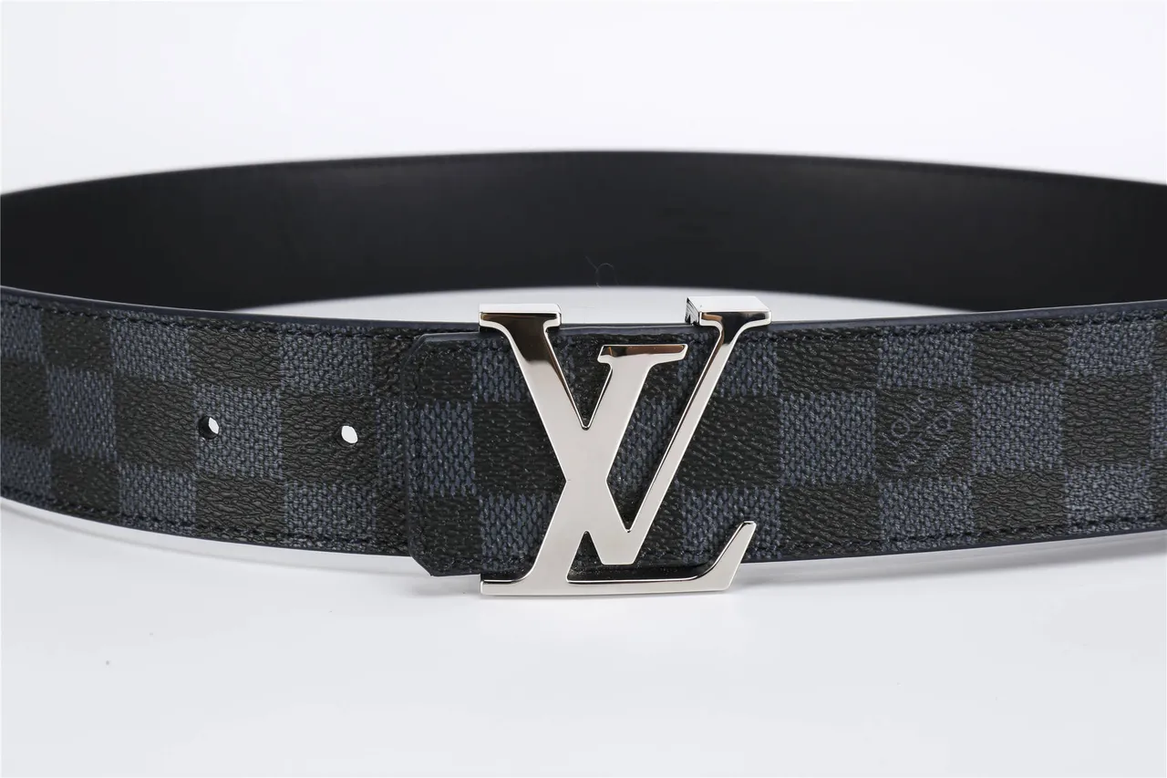 Louis Vuitton Black Gray Damier Graphite Check Pattern Polished Silver-Tone LV Monogram Buckle Leather Belt 5