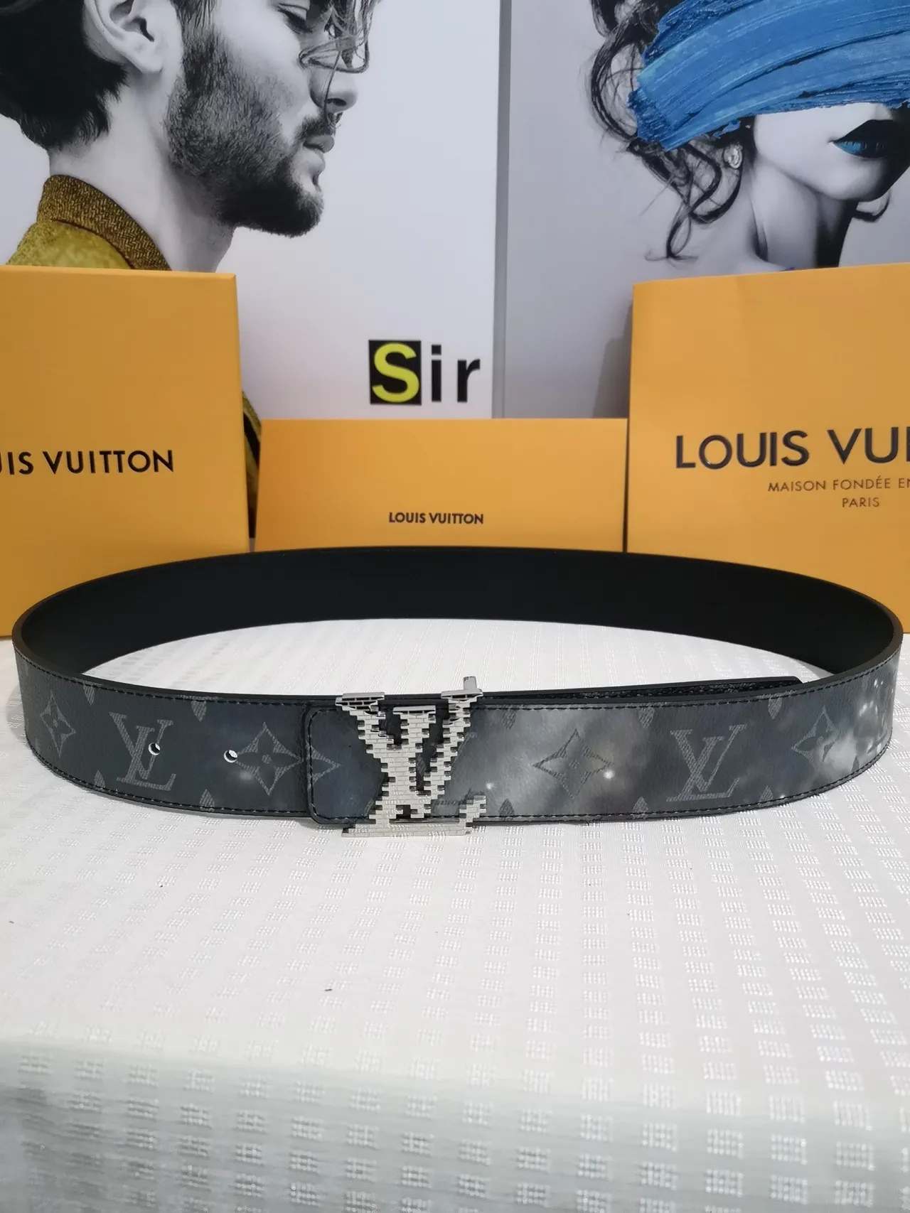 Louis Vuitton Black Gray Monogram-Coated Pixelated Metallic Buckle Leather Belt 2